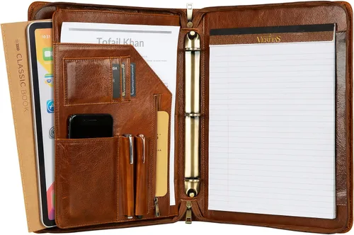Vista 10 de Carpeta y organizador de cuero genuino, carpeta de cuero vintage de 3 anillos, padfolio personalizado para hombres de negocios, blocs legales