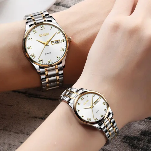 Vista 67 de OLEVS Juego de 2 relojes de cuarzo para parejas de San Valentín, calendario luminoso, ventana de fecha, 3 ATM, impermeable, casual, acero