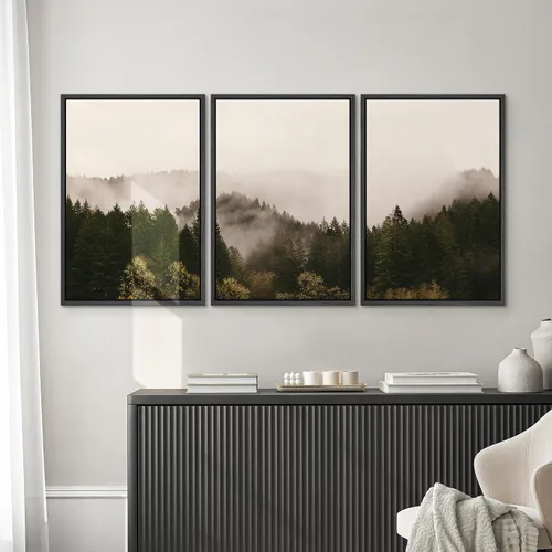 Vista 481 de SIGNWIN Lienzo enmarcado para pared, juego de arte pastel con cadena montañosa, bosque, niebla, naturaleza silvestre, ilustraciones modernas, arte