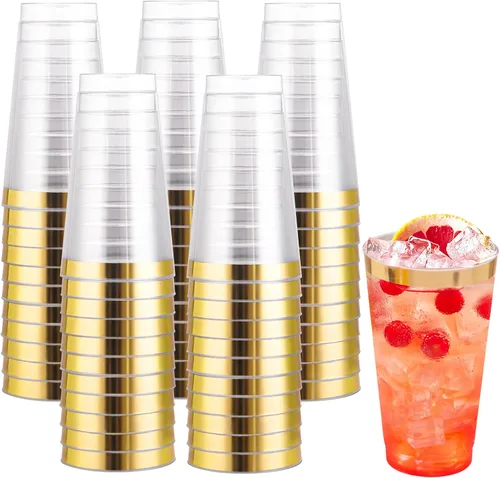 Vista 11 de I00000 Paquete de 100 unidades de vasos de plástico dorado de 12 onzas, vasos desechables con borde dorado, vasos de vino desechables y copas