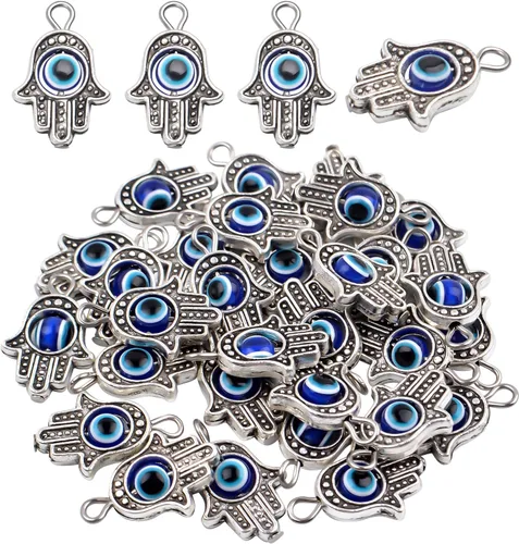 Vista 9 de 30 dijes antiguos de mano de Hamsa contra el mal de ojo de Fátima, accesorios de joyería para collares, pulseras, suministros de manualidades