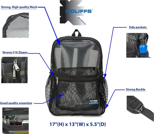 Vista 8 de K-Cliffs Mochila de malla resistente de calidad clásica para estudiantes, bolsa de red duradera transparente simple para escuela básica, Negro