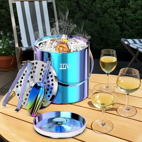 Vista 7 de IOV Cubo de hielo con tapa, cuchara, pinzas y colador, cubo de hielo aislado de doble pared de acero inoxidable de 3 L para fiestas, mantiene