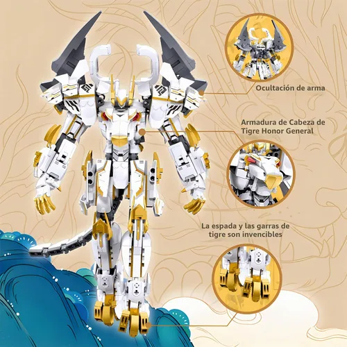 Vista 4 de CSNRHG Modelo de robot mecánico samurái de tigre blanco con doble hacha, bloques de construcción, juego de juguetes de cumpleaños mítico para niños