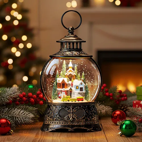 Vista 22 de Linterna de globo de nieve de Navidad con agua con escena de jengibre, funciona con batería o USB, luz musical iluminada, decoración festiva