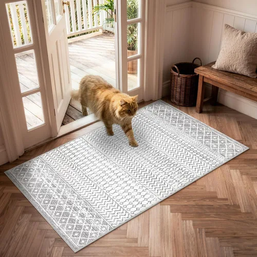 Vista 12 de Alfombra marroquí de área de 2x3 pies, color negro desgastado, alfombra de entrada antideslizante pequeña, suave, de pelo bajo, lavable, tapete