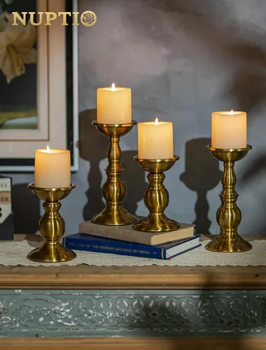 Vista 3 de NUPTIO Pillar Candle Holder Brass: Gold Tall Candles Stand for 3" Pillars Latón