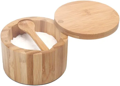 Vista 6 de KITCHENDAO Caja de cuenco de sal y pimienta de bambú, doble capacidad de 7 onzas y sótano de sal de bambú, 6 onzas