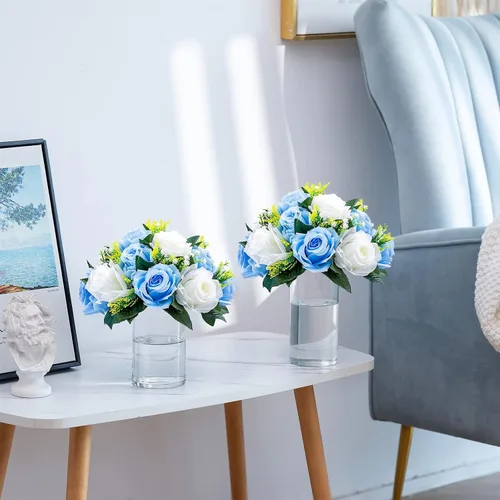 Vista 7 de Sziqiqi Flores de rosas artificiales de seda sintética para decoración de centros de mesa de boda, decoración del hogar, paquete de 2 unidades Azul