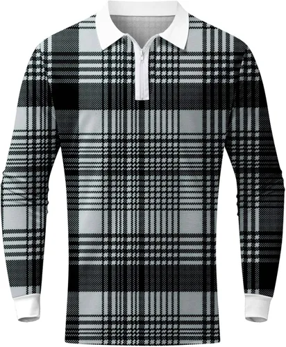 Vista 4 de Polo de manga larga con cremallera para hombre, camisetas de golf con estampado moderno suave y cómodo de algodón