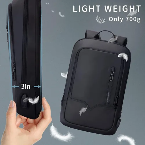 Vista 4 de Mochila hk para Hombre de Negocios, Mochila Delgada con Cargador USB, Mochila para Computadora, Ligera, Antirrobo, para Viaje, Negro, 15,6 pulg.