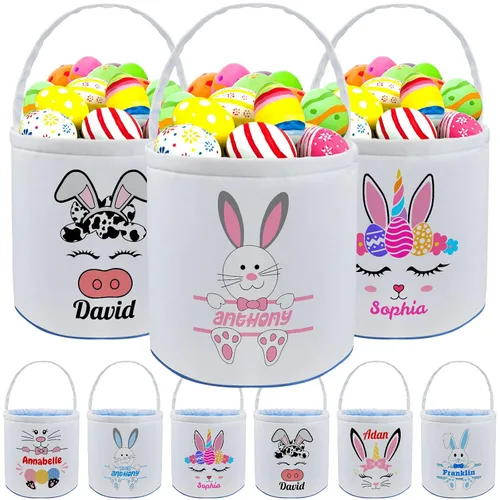 Vista 29 de Cesta de Pascua personalizada con nombre para niños, lona personalizada, cubo de Pascua, regalo para niños y niñas