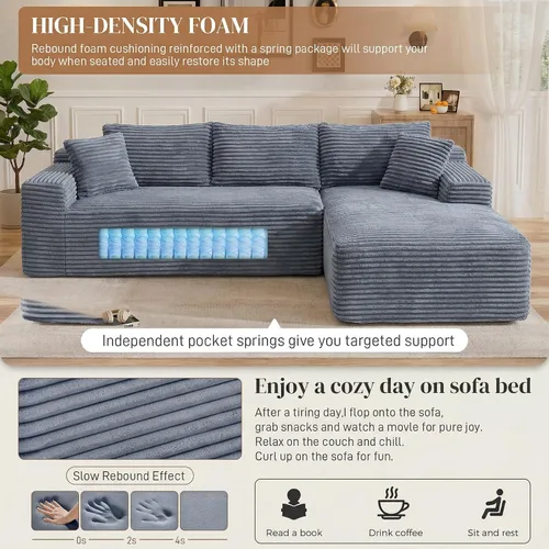 Vista 4 de Sofás seccionales sin hueso en forma de L de 95 pulgadas para sala de estar, moderno y cómodo sofá modular de pana comprimida de espuma