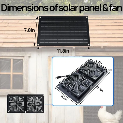 Vista 7 de DC HOUSE Ventilador solar de 20 W para gallineros, invernaderos, cobertizos, casas de mascotas y ventanas, impermeable, fácil de usar, fácil