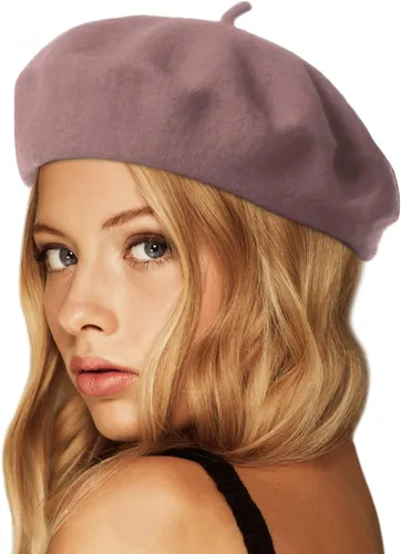 Vista 7 de Wheebo Boina de lana, color sólido, estilo francés, gorro cálido de invierno para mujeres y niñas Albaricoque