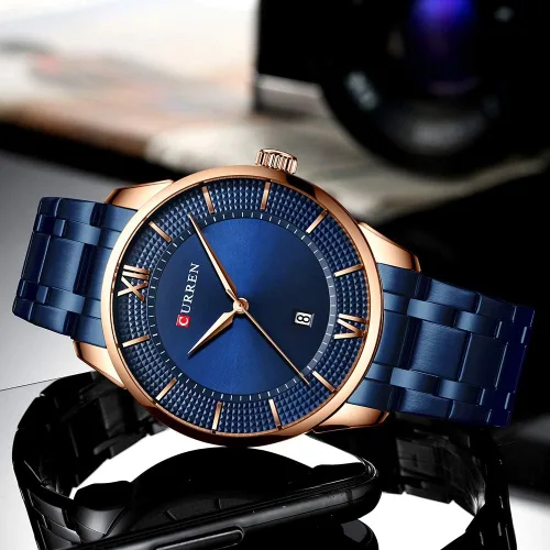 Vista 4 de CURREN Reloj de pulsera de acero para hombre con fecha clásico color negro Dorado blanco