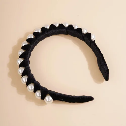 Vista 3 de Wiwpar Diademas de perlas de terciopelo para el pelo con perlas, elegante diadema de perlas antideslizantes, accesorios de moda para el cabello