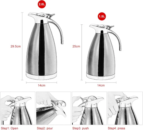 Vista 2 de Jarra de café térmica de acero inoxidable, doble pared aislada al vacío, 1.5-2 litros, plata