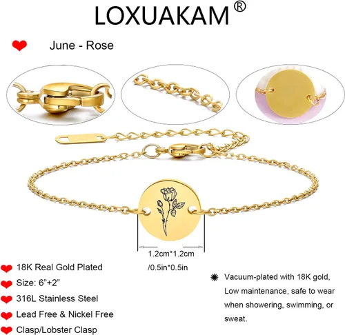 Vista 5 de Pulsera de flor de nacimiento de oro de 18 quilates grabada personalizada, pulseras con dije floral personalizado de acero inoxidable, cadena