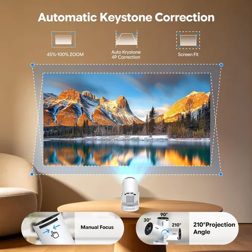 Vista 14 de Mini proyector con WiFi y Bluetooth, aplicaciones integradas, Keystone automático, rotación de 180°, soporte de 1080P/4K, proyector portátil Blanco