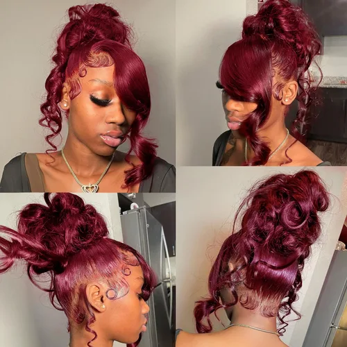 Vista 4 de IUPin Peluca de cabello humano color burdeos 360 con encaje frontal, pelucas de cabello humano 99J ondulado con correa oculta, sin pegamento Peluca