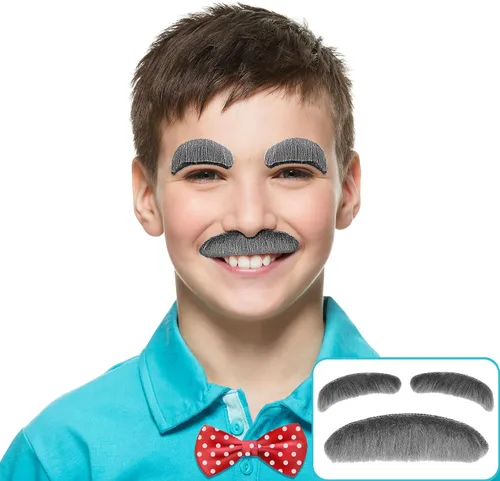 Vista 4 de Skylety 2 piezas de disfraz facial de anciano para hombre mayor, bigote gris y cejas, para hombres, mujeres y niños, cosplay, fiesta de Halloween