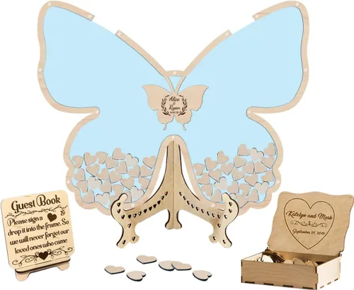 Vista 13 de Libro de invitados de boda de mariposa personalizado con corazones de madera, borde de madera personalizado, ideas alternativas, libro de invitados