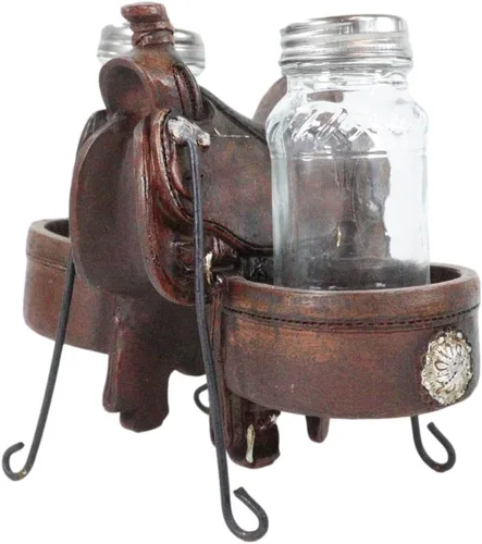 Vista 2 de Ebros Gift Country Western Cowboy Horse Sillín con 2 alforjas y conchos plateados, juego de estatuillas de sal y pimentero, acabado de cuero