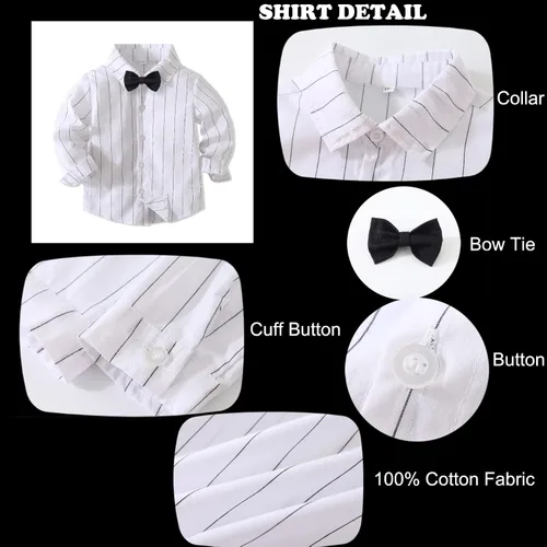 Vista 3 de Conjunto de 2 piezas para bebé, caballero blanco y negro con corbatín y pantalones para bebé, conjunto formal con tirantes
