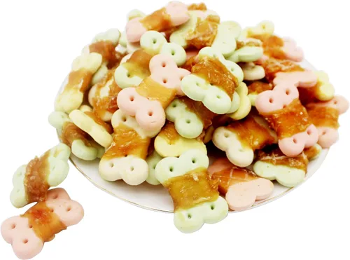 Vista 2 de Golosinas envueltas en pollo para perros, masticables sin cuero crudo, 8 onzas 30% real poultry; 60% baked core; 15% protein; easily digestible
