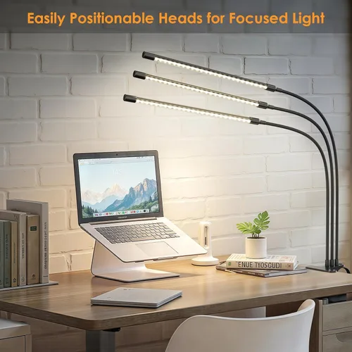 Vista 8 de ShineTech Lámpara de escritorio LED con abrazadera, iluminación ultra ancha de 3 cabezales, 4 modos de color, lámpara de trabajo de cuello de cisne
