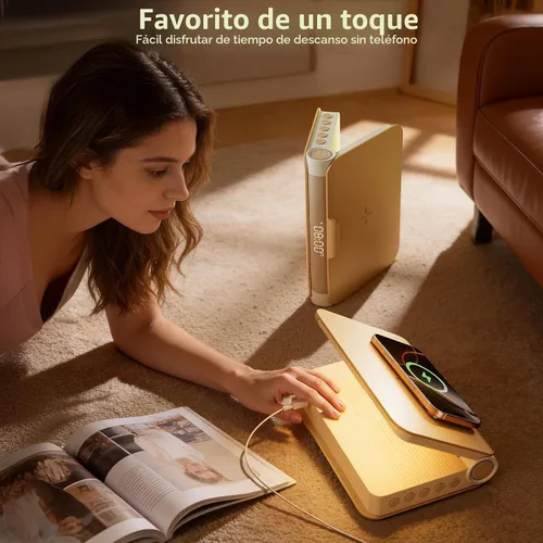 Vista 8 de Vivilumens Altavoz Bluetooth de carga inalámbrica 5 en 1 altavoz fuerte para adultos adolescentes forma de libro estética amanecer luz de despertar