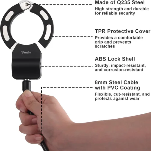 Vista 3 de Venzio Candado eléctrico para scooter con acero Q235 de 2.62 pies x 0.315 in (0.31 pulgadas), cerradura de bicicleta antirrobo resistente y llaves