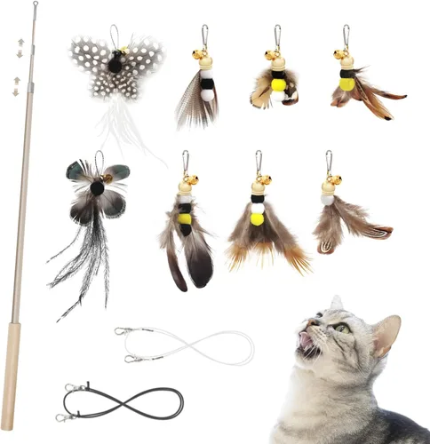 Vista 8 de SONGWAY Cat Teaser Wand Toy – Juego de 10 piezas de juguete de plumas de insectos y gatos con varita retráctil y recambios de plumas con campana