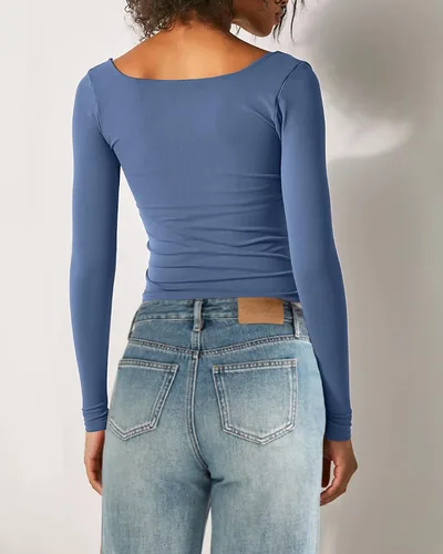 Vista 5 de Beumissy Camisas básicas de manga larga con cuello cuadrado para mujer, ajustadas, con doble forro