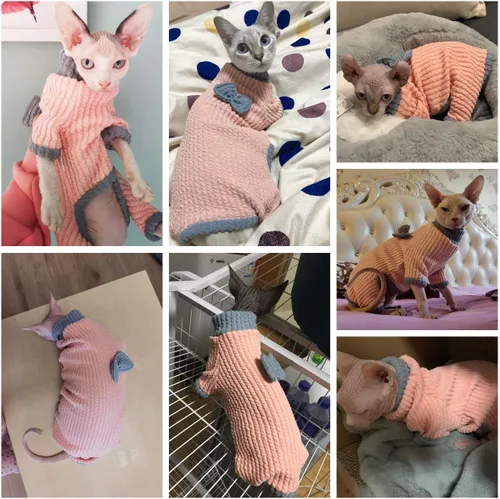 Vista 5 de Ropa para gatos sin pelo, suéter de algodón, transpirable, otoño e invierno, ropa cálida para gato, chaleco de cuello alto, ropa para Sphynx