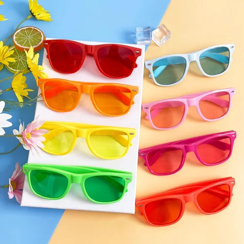 Vista 4 de Gafas de sol de fiesta de colores neón retro 1018 con espejolentes de gelatina, regalos de fiesta a granel para adultos y adolescentes unisex