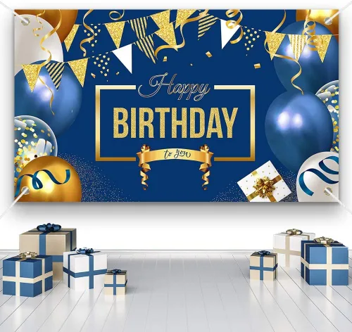 Vista 7 de Cartel de decoración de feliz cumpleaños, globos grandes azul marino y dorado, póster temático para niños, hombres y mujeres, cartel de celebración