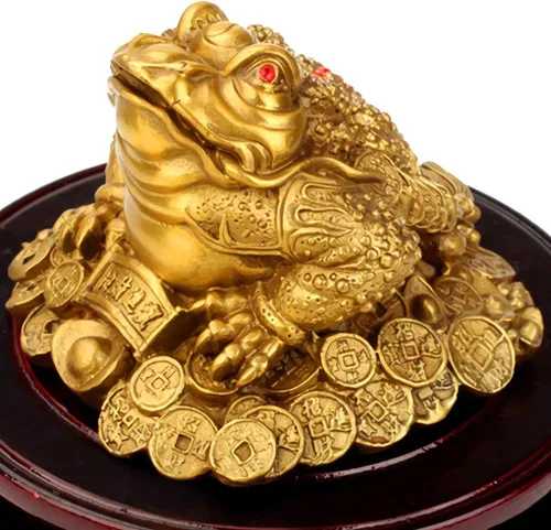 Vista 2 de Estatua de Feng Shui de latón con rana de dinero, escultura de sapo de dinero, juego de 5 monedas antiguas de cuerda roja de Feng Shui