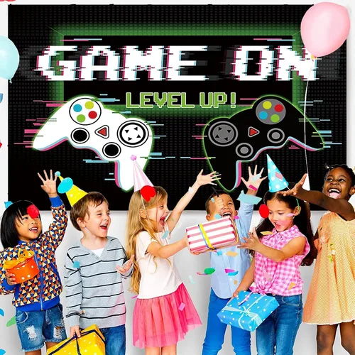 Vista 2 de Telón de fondo de videojuegos de 7 x 5 pies, accesorios de fotografía de juego sobre fondo, pancarta de fotos de feliz cumpleaños para fanáticos