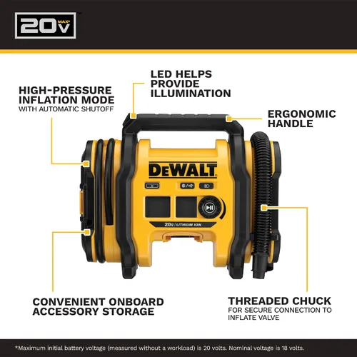Vista 11 de DEWALT Inflador de neumáticos, compresor de aire portátil de 20V MAX, bomba de aire para automóvil con apagado automático, luz LED, solo herramienta