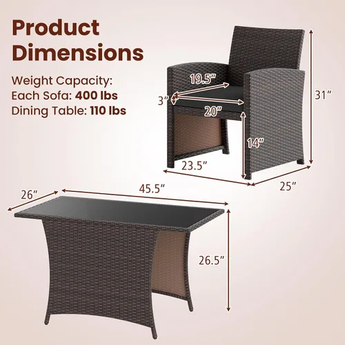 Vista 5 de Tangkula Juego de comedor de mimbre de 3 piezas, 2 sillas de ratán con mesa de comedor rectangular de vidrio templado, juego de conversación al aire