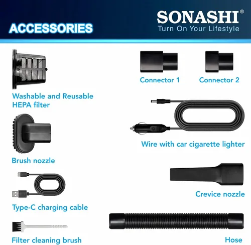 Vista 6 de Sonashi Aspiradora de mano en seco y húmedo de 6000 PA, filtros HEPA duales, carga USB rápida, portátil para limpieza de automóviles y hogar, luz