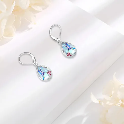 Vista 279 de Aretes colgantes de plata de ley con diseño de árbol de la vida, flor, abeja, animales, gato, colibrí, piedra lunar, turquesa, aretes con cierre