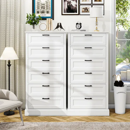 Vista 6 de biukpci Cómoda alta blanca de 6 cajones, cómoda vertical de madera para dormitorio, 140 cm de alto, cómodas modernas de lencería para armario, sala