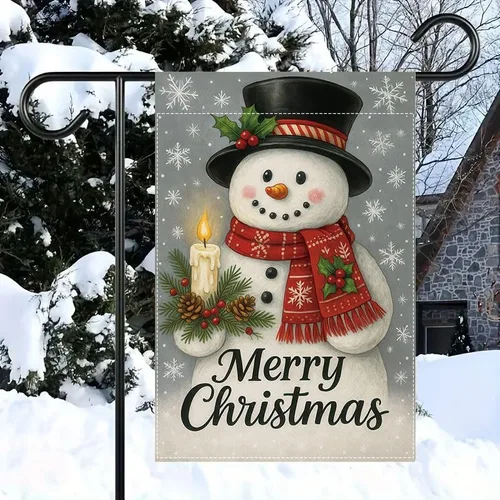 Vista 7 de Bandera de jardín de Navidad ActFirst de 12 x 18 pulgadas, bandera de muñeco de nieve de familia de Navidad Feliz con árbol, pequeña decoración
