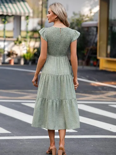 Vista 5 de Hount Vestido midi casual para mujer, manga corta, cintura elástica, vestido fruncido escalonado con bolsillos