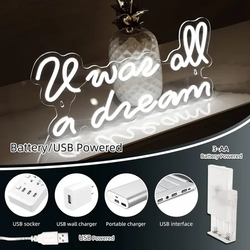 Vista 3 de ATOLS Letrero de neón con texto en inglés «It Was All a Dream» para decoración de pared, funciona con pilas o USB, con texto en inglés «It Was All a
