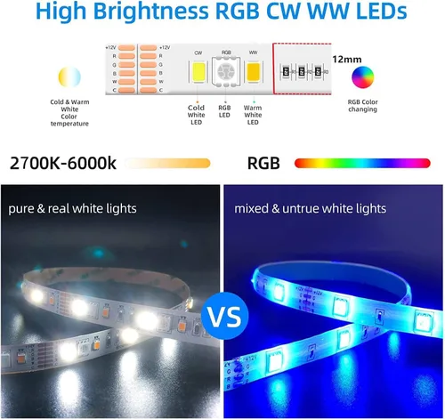 Vista 4 de GIDEALED Smart Zigbee 3.0 RGBWW - Tira de luces LED, kit de 16.4 pies compatible con Echo Plus Echo Studio Alexa Control de voz y aplicación RGB Kit