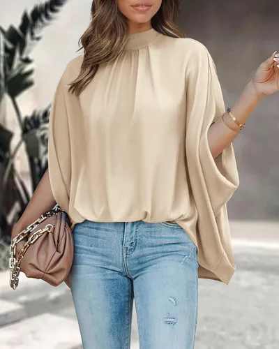 Vista 119 de BTFBM Blusas de verano para mujer, cuello alto falso, manga murciélago, holgadas, dobladillo alto y bajo, blusas informales de gran